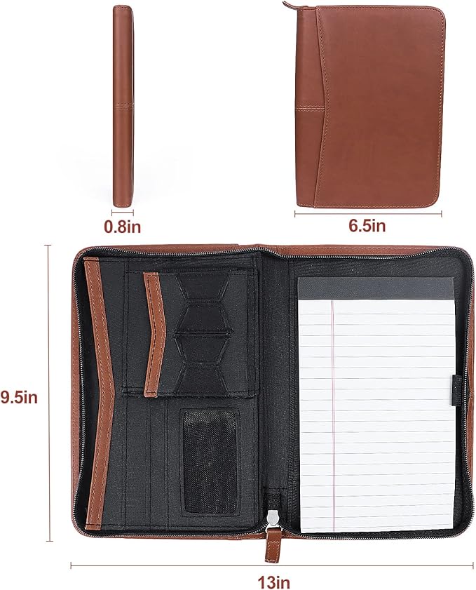 Godery Padfolio/Portfolio, Leather Zippered Padfolio Portfolio Binder 5 x 8 Legal Writing Pad, Professional Business Portfolio for Men & Women, Card Holder, Notepad Clipboard Holder (Brown-9.5 * 6.5)