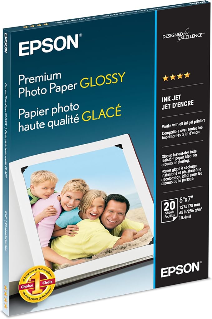 Epson S041464 Premium Photo Paper, 68 lbs., High-Gloss, 5 x 7 (Pack of 20 Sheets)