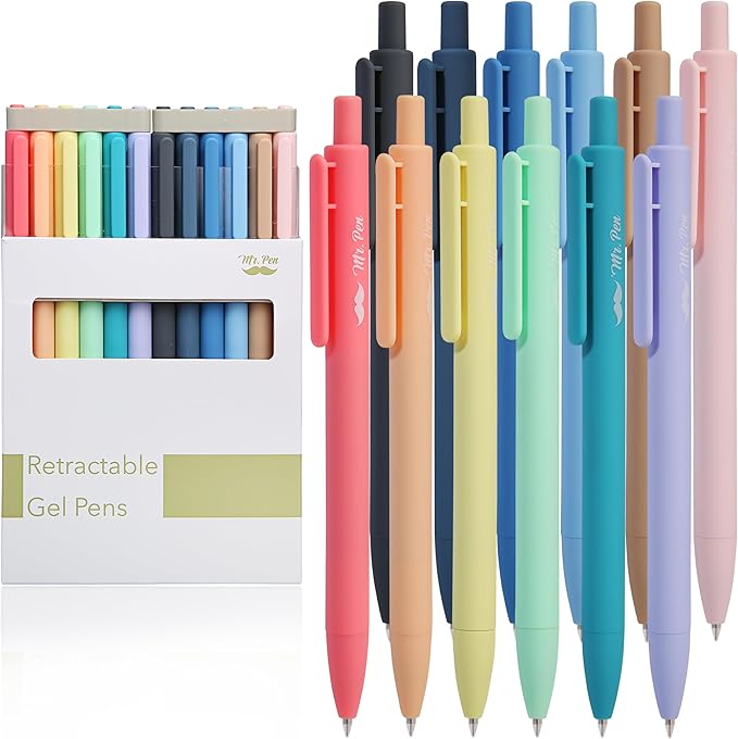 Mr. Pen- Retractable Gel Pens, 12 Pack, Black Ink Gel Pens, Pastel Barrels, Fast Dry, Gel Pen Fine Point 0.7mm