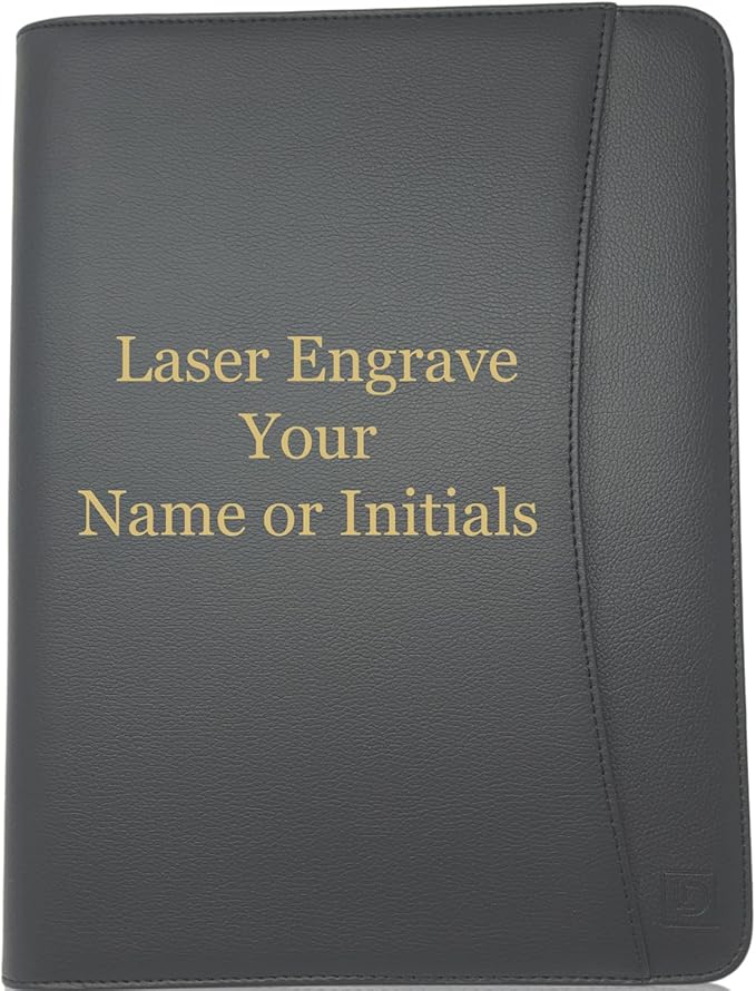 Personalized Matt Black Zippered Portfolio Binder - Engraved Lean PU Leather Business Executive Portfolio Organizer Folder - Padfolio for Men & Women with Letter Notepad & Gift Box by Lautus Designs
