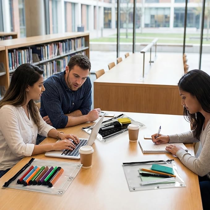 Lincia 24 Pack Clear Pencil Pouch for 3 Ring Binder Pencil Case with Zipper 3 Ring Binder Pocket Insert Bag 10 x 7'' Visible Cash Envelope with Re-enforced Grommet for Office (Black,Clear)