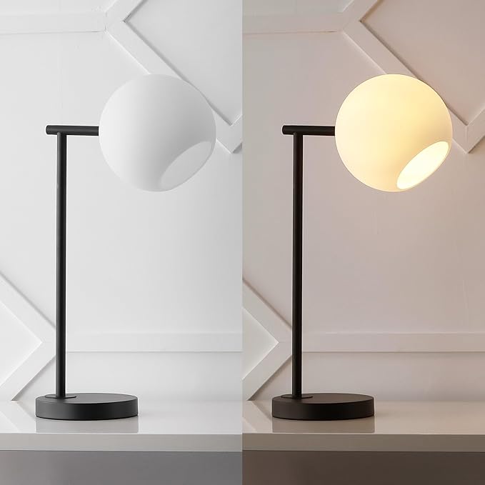 JONATHAN Y 20.5" Black Modern Metal Marble LED Bedside Table Lamp for Bedroom, Frosted Glass Globe Shade, Minimalist Scandinavian Lamp for Living Room (JYL1000B)