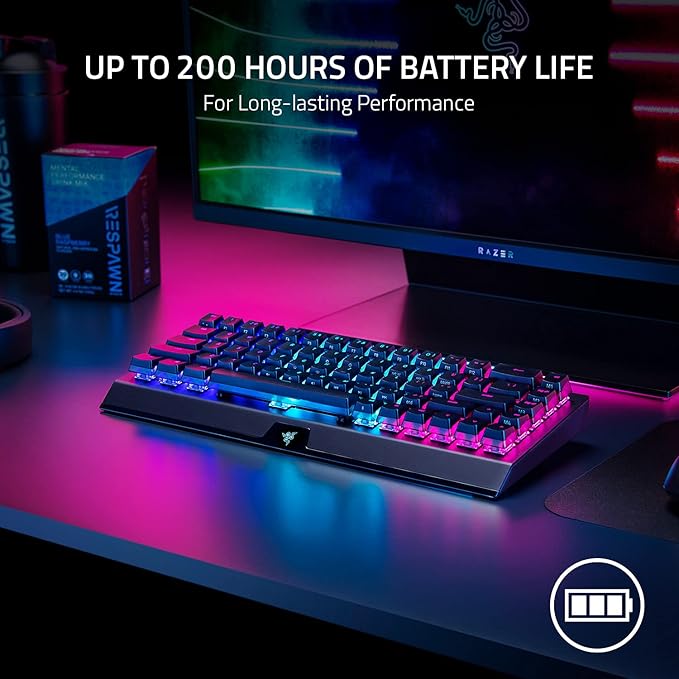 Razer BlackWidow V3 Mini HyperSpeed 65% Wireless Mechanical Gaming Keyboard:HyperSpeed Technology_Yellow Switches_Linear & Silent - Phantom Pudding Keycaps 200Hrs Battery, Green (Renewed)