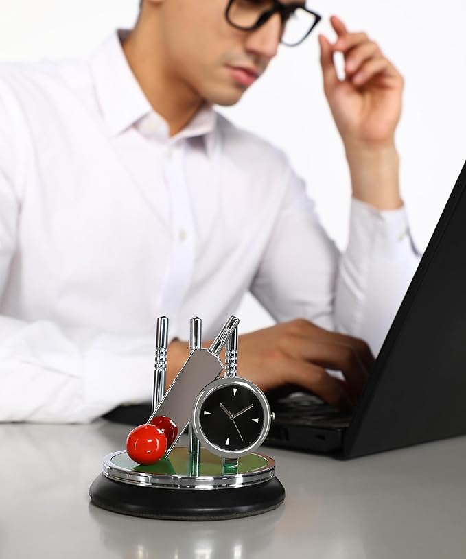 Metal Cricket Kit Style Table Clock, Silver Finish Clock with Bat, Ball & Stumps, Battery Operated Desk Showpiece, Paperweight for Office, Home Decor, Gift for Cricket Lovers