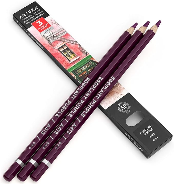 Arteza Professional Watercolor Pencils, Pack of 3, А413 Eggplant Purple, Water-Soluble Pencils for Coloring, Blending, Layering & Watercolor Techniques
