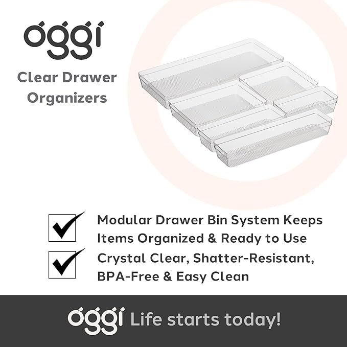 Oggi Clear Drawer Organizer - 3" X 9.5" (Set of 6) - Ideal for Organizing Kitchen Drawers, Office, Desk, Silverware, Kitchen Utensils, Cosmetics and Bathrooms