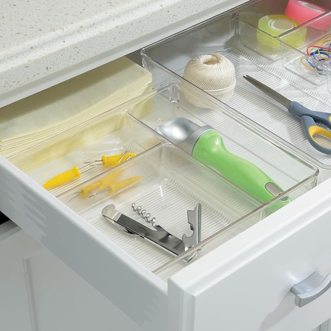 iDesign 3-Section Divided Drawer Organizer for Kitchen, Bathroom, and Desk Drawers - Clear