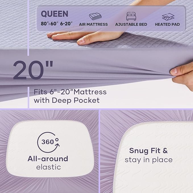 OhGeni 100% Waterproof Mattress Protector,Queen Size Mattress Soft Pad,Hair & Bedwetting Resistant,Cooling Breathable Fitted Sheets,Washable Bed Cover,Non-Slip Deep Pocket,Noiseless for Bedroom,Purple