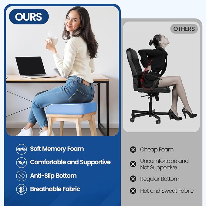 Seat Cushion for Tailbone Pain Relief, Office Chair Cushion, Memory Foam Large Chair Cushion with Non-Slip Cover for Soft Support at Office Chair, Car Seat, Airplane Light Blue/X-Large