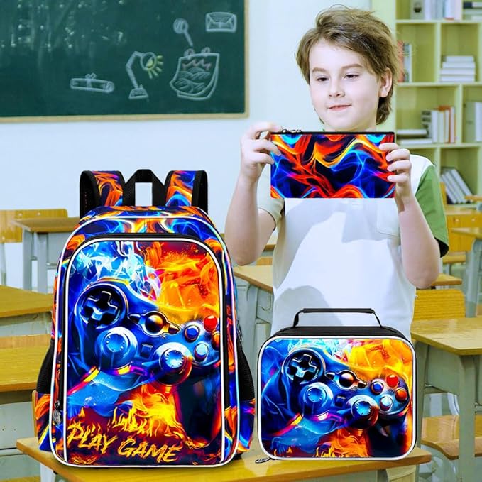 KLFVB 3PCS Bookbag for Boys, 17" Boys Game Backpack and Lunch Box, Water Resistant Teenagers Backpacks for Middle Elementary - Flame Game