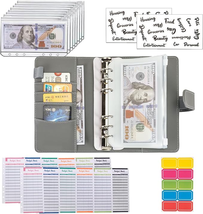 NICOOTHBudget Binder Cash Envelopes A6 Money Saving Binder with Zipper envelopes (Full Grey)