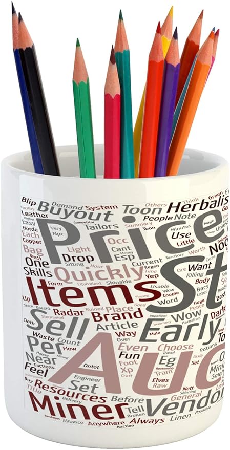 Ambesonne Video Game Pencil Pen Holder, Arrangement of Words Noob Guide Text Wordcloud Concept at Role Playing Game, Printed Ceramic Pencil Pen Holder for Desk Office Accessory, White Gray Pink