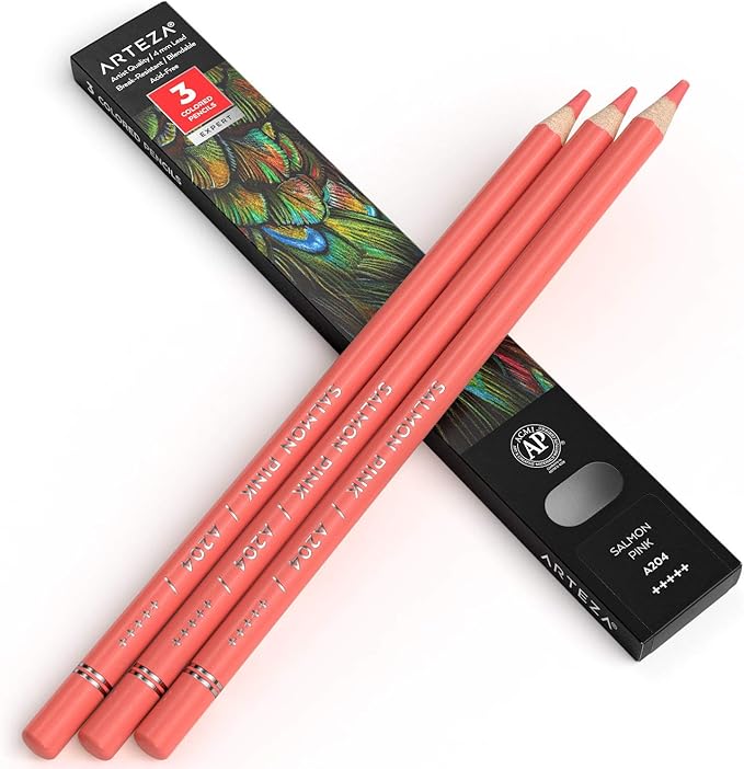 Arteza Colored Pencils, Pack of 3, A204 Salmon Pink, Soft Wax-Based Cores, Ideal for Drawing, Sketching, Shading & Coloring