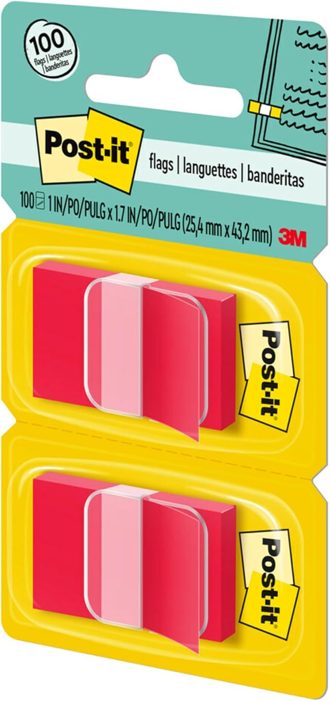 Post-it Flags, 50/Dispenser, 2 Dispensers/Pack, 1 in Wide, Red (680-RD2)