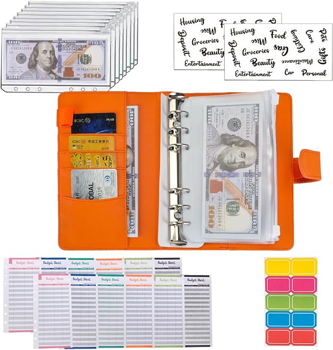 NICOOTHBudget Binder Cash Envelopes A6 Money Saving Binder with Zipper envelopes (Orange)