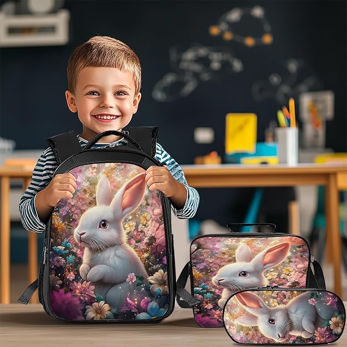 Rabbit Flower Backpack Set 3 Piece School Bags and Lunch Box with Pencil Case Rabbit Floral Animal Bookbag Set For Toddler Kids Girls Boys Teens Kindergarten Elementary Middle