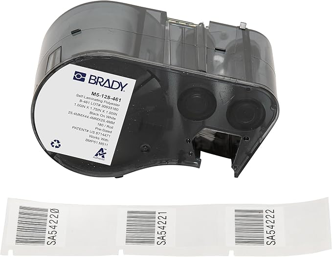 Brady Authentic (M5-125-461) Self-Laminating Cryogenic Polyester Labels 1" H x 1.75" W Black on White, Clear, 180 Labels. for use with The BMP51 and M511 Label Printers