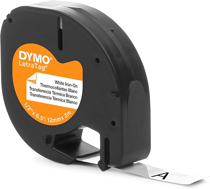 DYMO LetraTag Iron-On Fabric Labels | Authentic | 12 mm x 2 m Roll | Black Print on White | Iron-On Clothing Labels Ideal for Uniforms/Children's Clothing | for LetraTag Printers