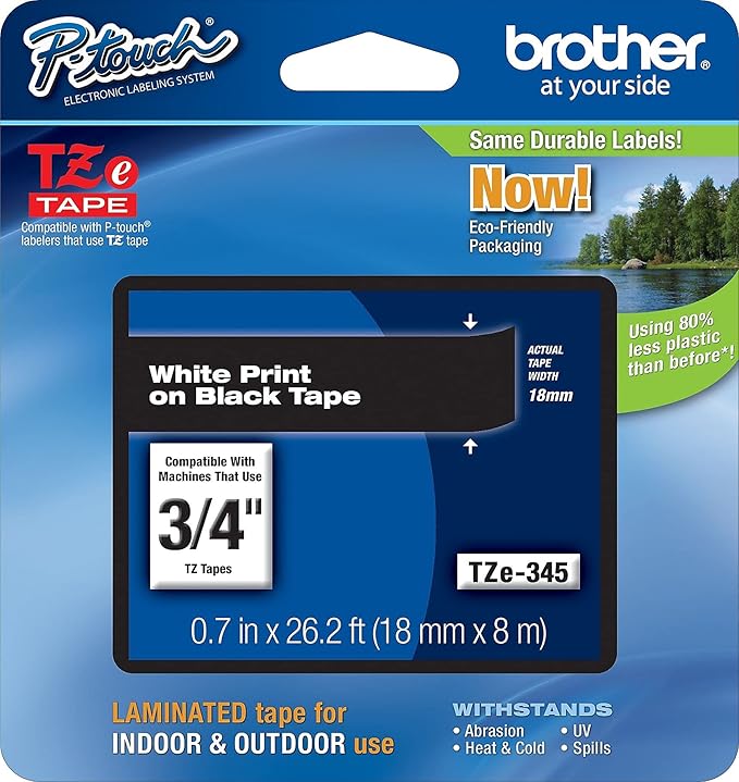 Brother TZE345 TZe Standard Adhesive Laminated Labeling Tape, 3/4-Inch w, White on Black