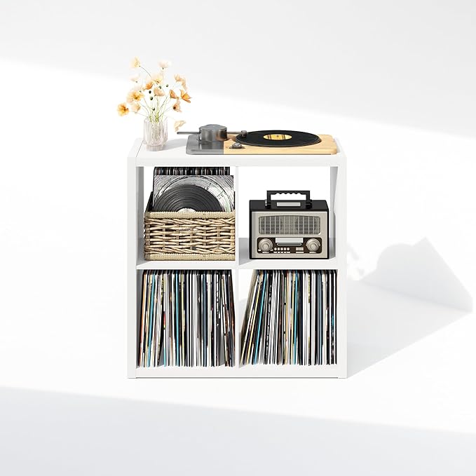 Furinno Cubicle Record Player Stand with Vinyl Storage, 4-Cube 1.2 Extra Thick Vinyl Record Storage, Open Back Media Shelf for CD DVD Blueray Game Disc, for Living Room, Home Office, White