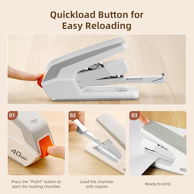 Deli Effortless Desktop Stapler, Heavy Duty Stapler, 40-50 Sheet Capacity, One Finger, No Effort, Includes Staples & Staple Remover, White