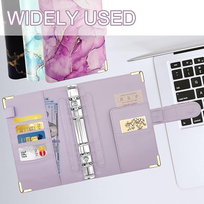 A6 Refillable 6 Ring Faux Leather Budget Binder,Mini Notebook Binder Cover for A6 Filler Paper,Loose Leaf Personal Planner Cover with Magnetic Buckle Closure (Marble Purple)