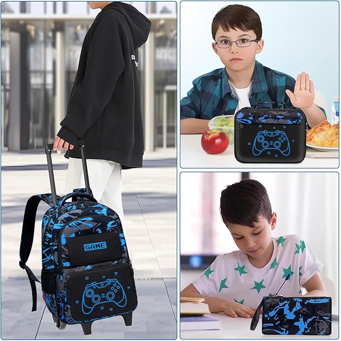 Gamer Rolling Backpack for Boys - 3PCS Boys Rolling Backpack with Lunch Box Set for Kids Children Teens Elementary Middle School,Glow in The Dark Roller Bookbag with Wheels for Age 6-18