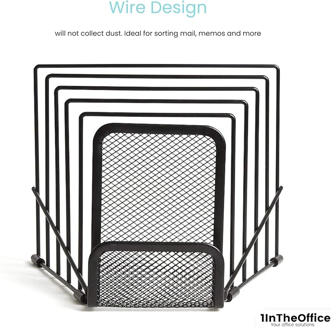 1InTheOffice Metal Incline Desktop File Sorter, Black Wire Mesh Step Sorter, 6 Compartments