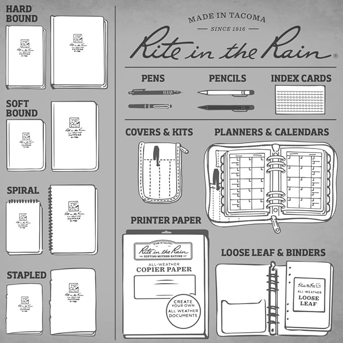 Rite in the Rain Weatherproof Top Spiral Notebook, 4" x 6", Black Cover, Universal Pattern, 6 Pack (No. 746L6)