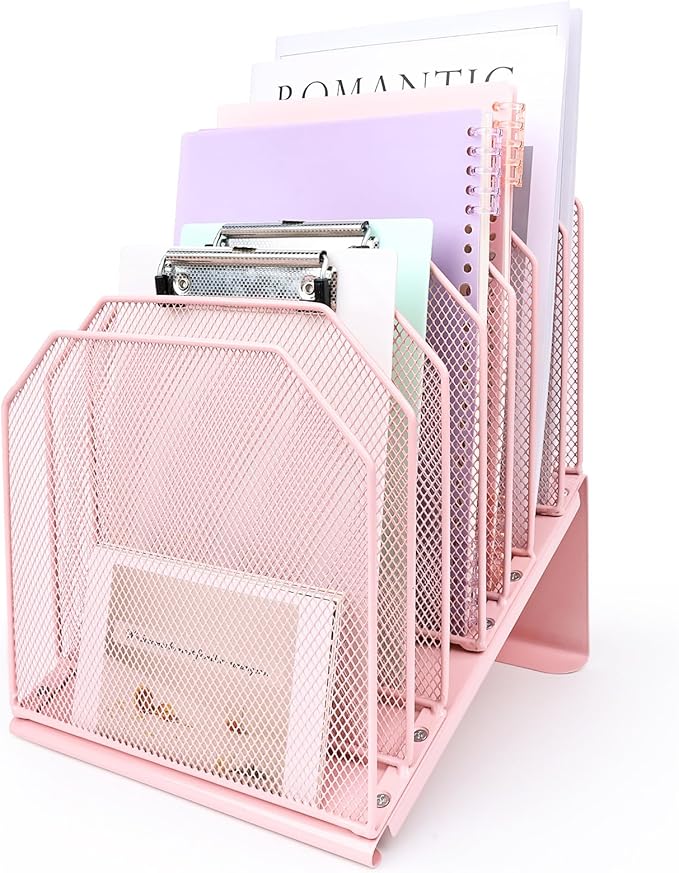 Inclined File Organizer for Desk, 7-Tier Vertical File Folder Holder Office Desk Organizer Metal Rack File Wire Mesh Desktop Document Sorter for Office School Classroom Home (Pink)