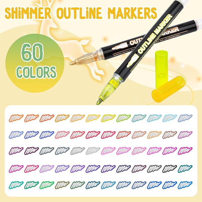 60Colors Markers, Coloring Outline Glitter Markers Gel Pens for Stocking Stuffers, Colored Drawing Pens for Christmas Gifts, Glitter Gel Pen s Shimmer Marker s for Art Supplies, Gifts for Teen Girls