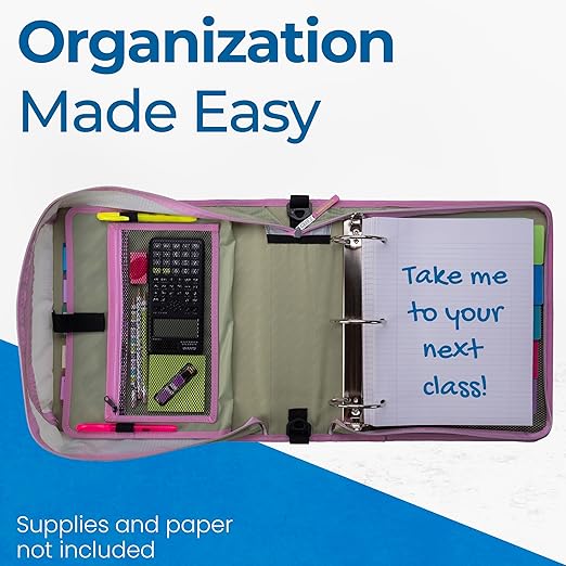 Case-it Mighty Zip Tab School Zipper Binder, 3-Inch O-Rings, 600-Sheet Capacity, 5-Subject Expanding File Folder, Multiple Pockets & Storage Organizer, Shoulder Strap, D-146 Fun Flowers (Pack of 6)