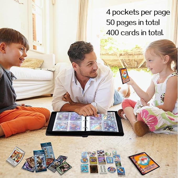 Collectible Trading Card Albums,4 Pocket Card Binder, 400 Double Sided Pocket PU Premium Zip Trading Collection Binderwith 50 Removable Sleeves, Card Folder forTCG, Sports Cards (Blue)
