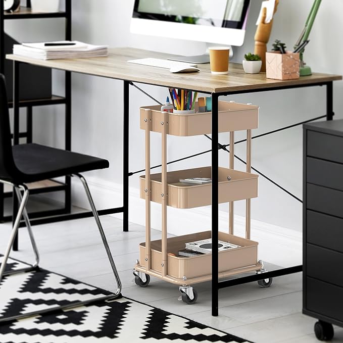 Simple Houseware 3-Tier Compact Utility Rolling Cart, Low 24” Height Fits Under Desk, Space-Saving Storage for Home Office, Dining Room, or Kitchen, Khaki