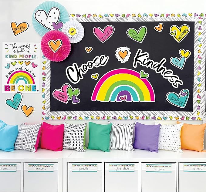 Carson Dellosa Kind Vibes 75 pc Bundle Motivational Bulletin Board Set, Poster, Rainbow, and Heart Cutouts with Positive Affirmations, Classroom Decor