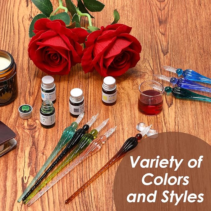 Outus 9 Pieces Glass Dip Pen Handmade Glass Signature High Borosilicate Crystal Vintage Dip Pen with 9 Pieces Penholder for Writing Drawing Calligraphy(Popular Style,Bright Color)