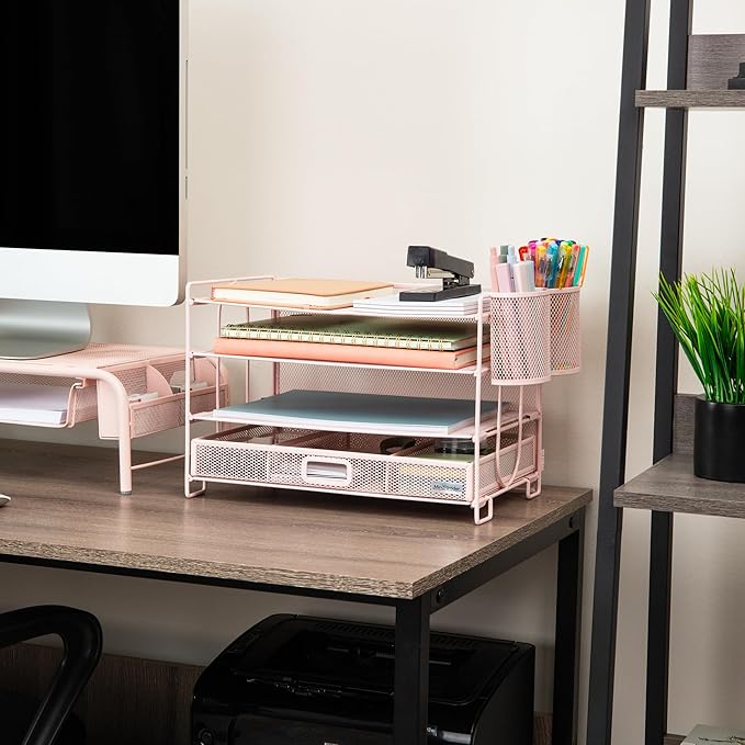 Mind Reader Mesh Desk Organizer, 3 Trays, 1 Drawer, 2 Pen Holders, Office Desktop Organizer, Metal Mesh, Pink