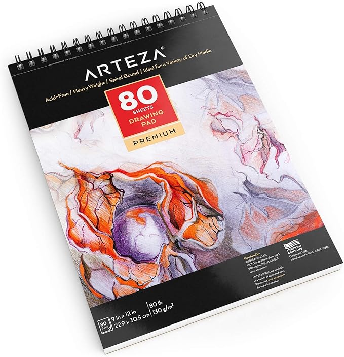 ARTEZA Drawing Paper Pad, 9 x 12 Inches, Pack of 1, 80 Sheets, Spiral Bound Artist Drawing Books, Durable Acid Free White Sketch Paper