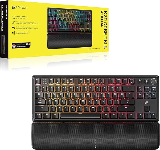 Corsair K70 CORE TKL Wireless RGB Tenkeyless Mechanical Gaming Keyboard – Pre-Lubed MLX Red v2 Linear Switches, SOCD, ABS Double-Shot Keycaps, Sound Dampening, 1000Hz Polling, QWERTY NA – Black