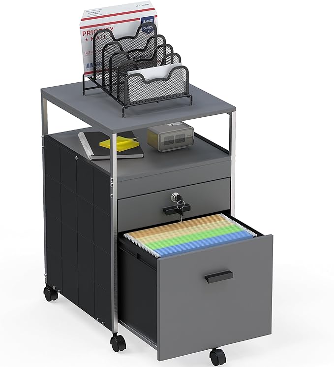 SHW Box File Rolling Mobile Cabinet with Open Shelf and Lockable Drawer, Gray