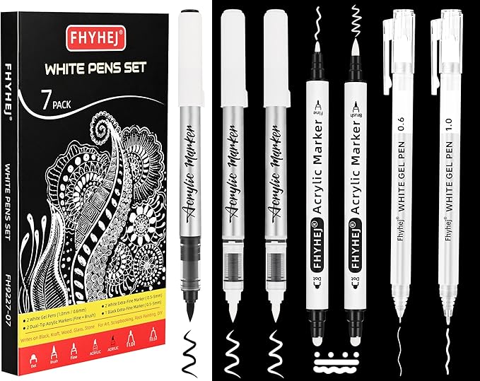 White Gel Pens Set of 7 – white Ink pen Dual-Tip Acrylic Paint Pen Brush Tip Acrylic Markers for Black Paper Drawing, Sketching, Illustration, Card Making