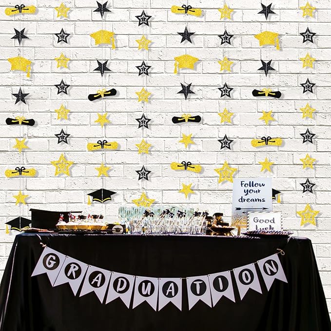 8 Pack 2026 Graduation Party Decorations - Black Gold Glitter Backdrop with Cap, Diploma & Star Garland Banner Hanging Decor - Perfect for High School, College, and Middle School Graduation Parties