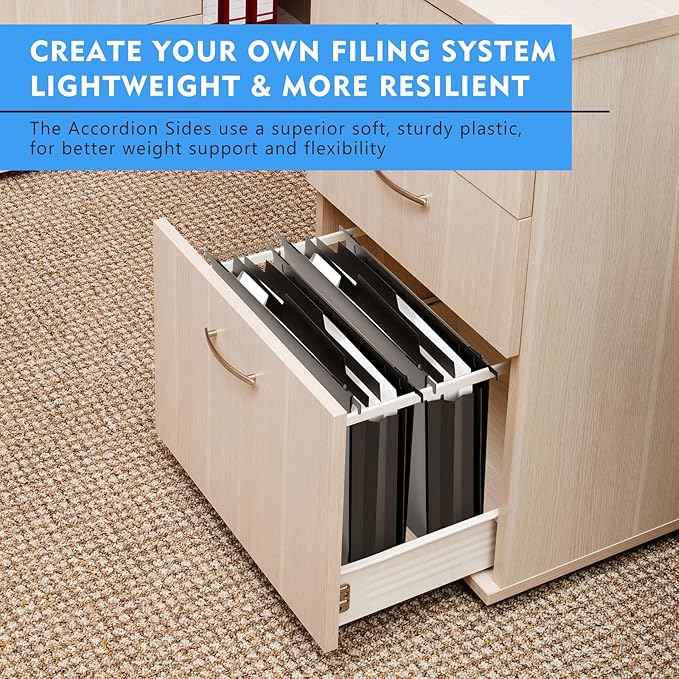 10 Pcs Plastic Extra Capacity Hanging File Folders, 5 Inch Expanding Pocket with Movable Dividers, Letter Size Black File Folders with Insertable Tabs for Filing Cabinet