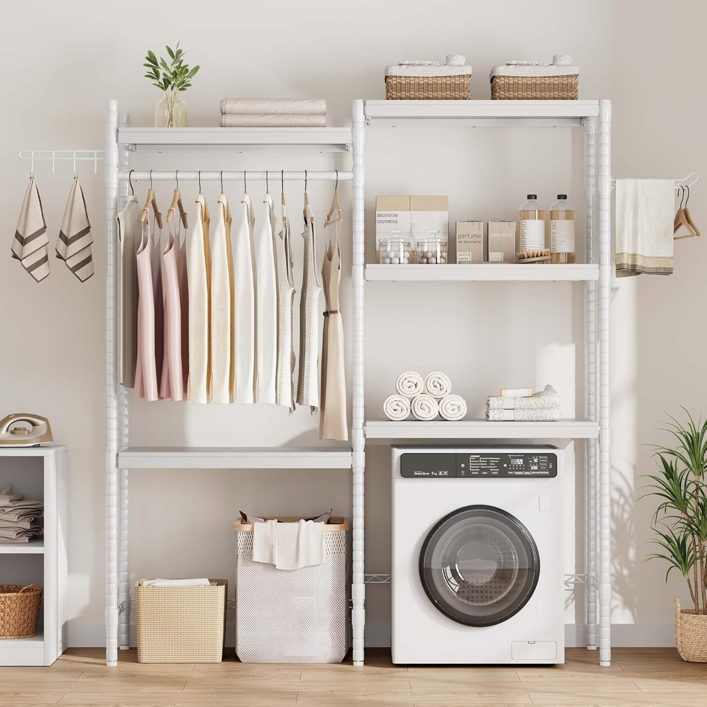 CABIHOME 5-Tier Over-The-Washer Shelf - Adjustable Height Laundry Organizer Space Saver, Double-Layer 100lb Shelves, 2 Hooks for Bathroom/Balcony (White)