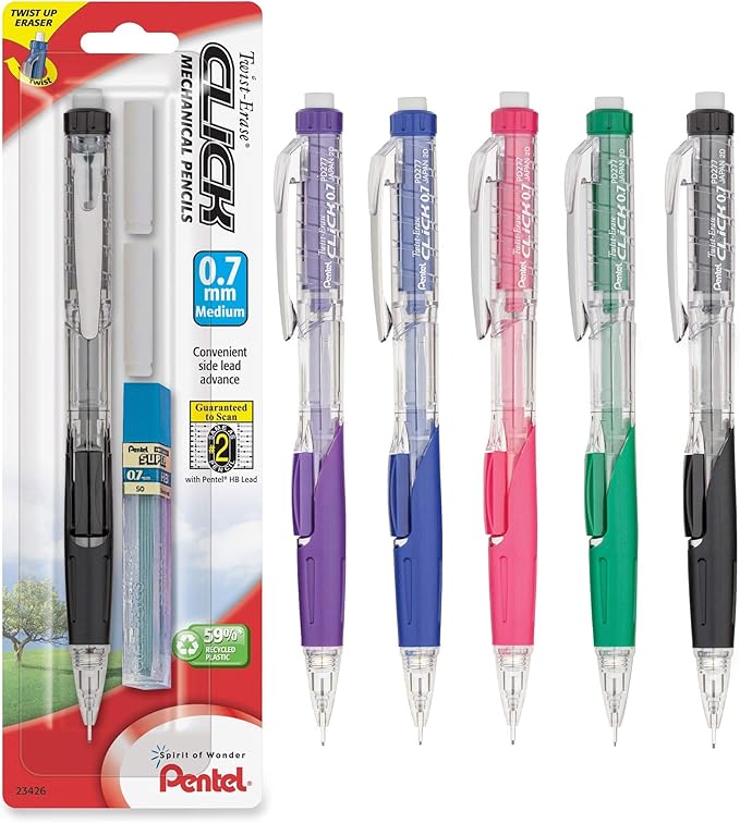 Pentel Twist Erase CLICK Automatic Pencil with 2 Eraser Refills and Lead, 0.7mm, Assorted Barrels, 1 Pack (PD277TLEBP)