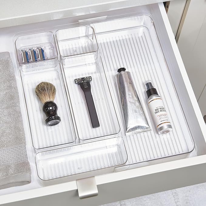 iDesign Makeup Drawer Organizer-Storage Cosmetics or Jewelry, Set of 2, Clear Luci Divided Expandable Tray-Large M2