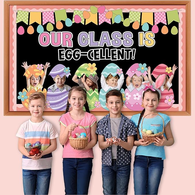 Easter Bulletin Board Decoration Set Easter Egg Paper DIY Photo Craft Cutouts Our Class is Egg-Cellent Spring Classroom Decoration for Holiday Party Teacher School Home Office Chalkboard Wall Decor