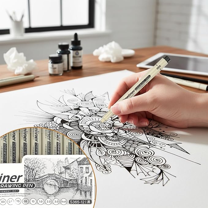 12 Pcs Fineliner Drawing Art Pens Black Waterproof Pigment Ink Set Outlining Archival Quality Markers Thin No Bleed Smooth Supplies for Artists Calligraphy Manga Journaling Illustration