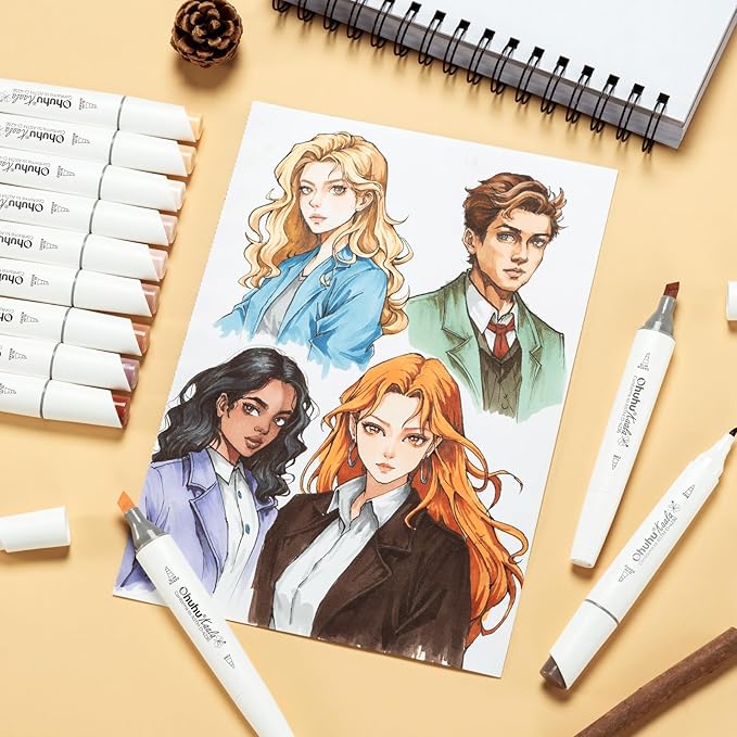 Ohuhu Alcohol Markers Skin Tone Marker Slim Broad and Fine Double Tipped Alcohol-based Marker Set for Artists Adults Coloring Professional Illustration, 24 Portrait Colors Kaala Markers Refillable