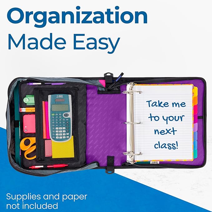 Case-it Mighty Zip Tab School Zipper Binder | 3-Inch O-Rings, 600-Sheet Capacity, 5-Subject Expanding File Folder, Multiple Pockets & Storage Organizer, Shoulder Strap | D-146 Deep Purple